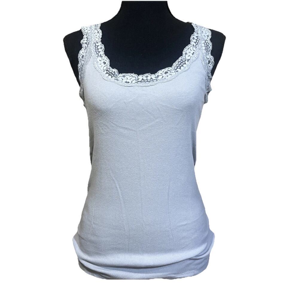 Faded Glory Y2K Cami Tank Top Lace Trim Large Gray Ribbed Fairy Grunge Coquette